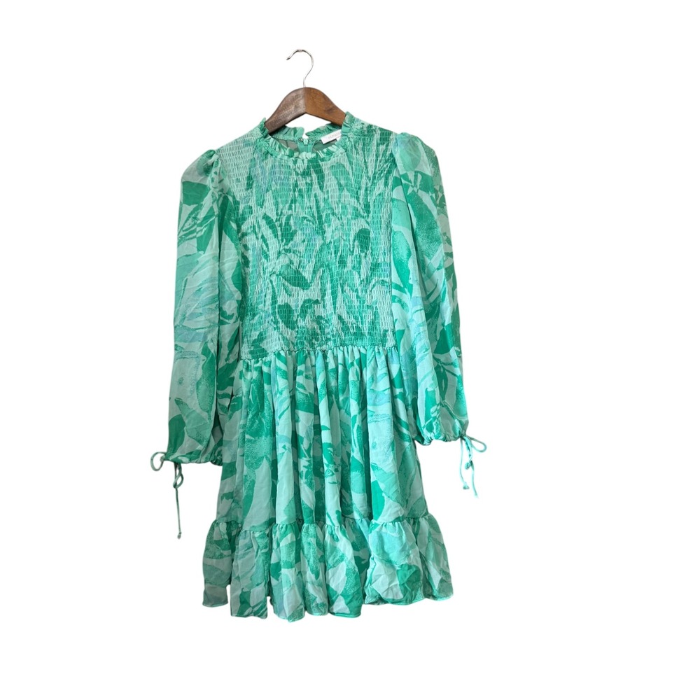 Olivaceous Mini Dress Womens Medium Green Smocked Ruffle Botanical Excellent